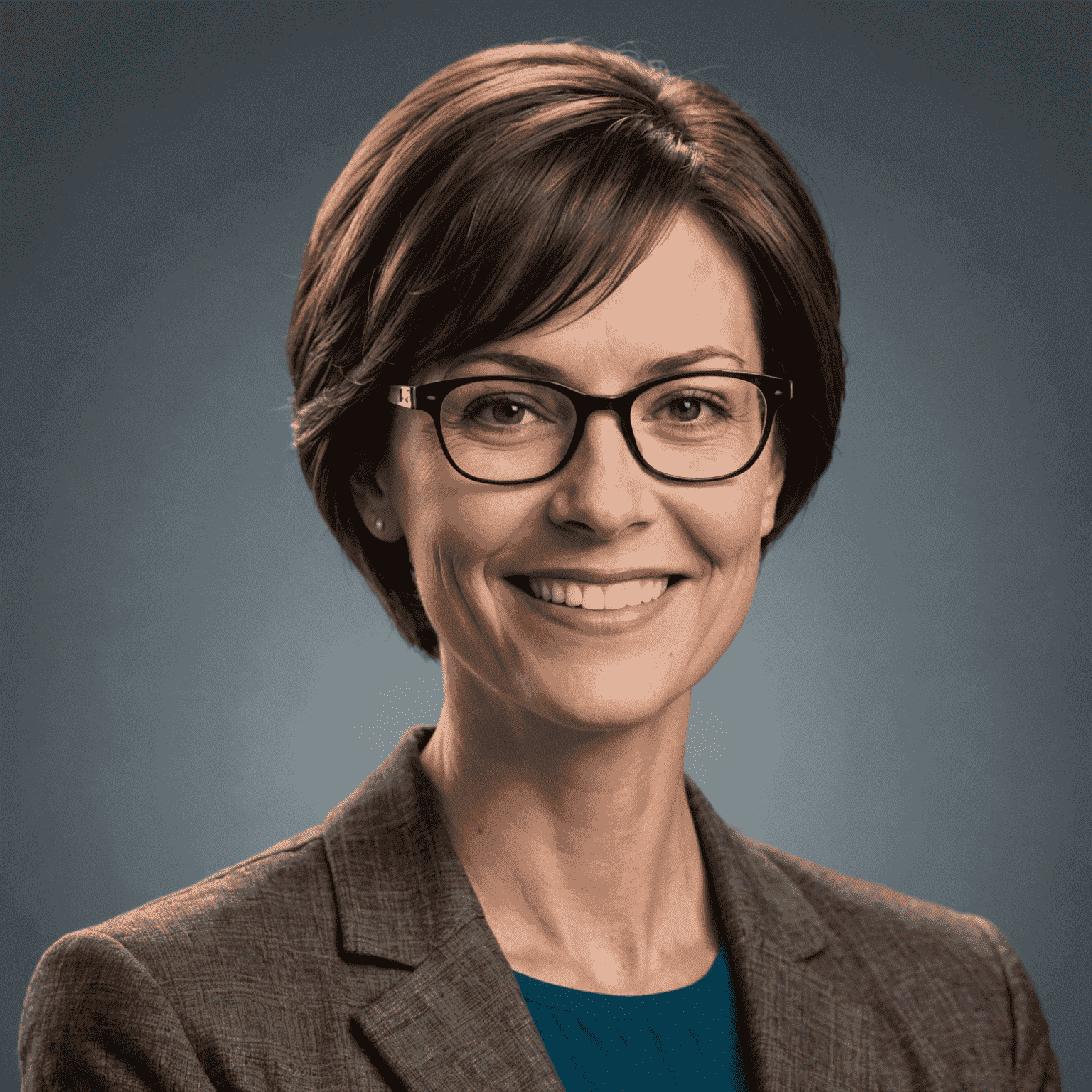 Portrait of Jane Smith, a woman in her mid-30s with short brown hair and glasses, smiling confidently in a professional setting