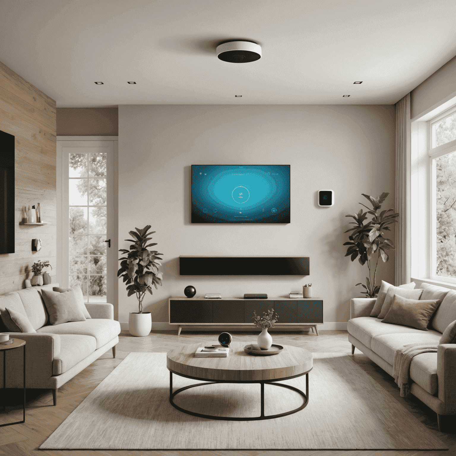 A modern living room with various smart home security devices visible, including a smart doorbell, security cameras, and a central control panel