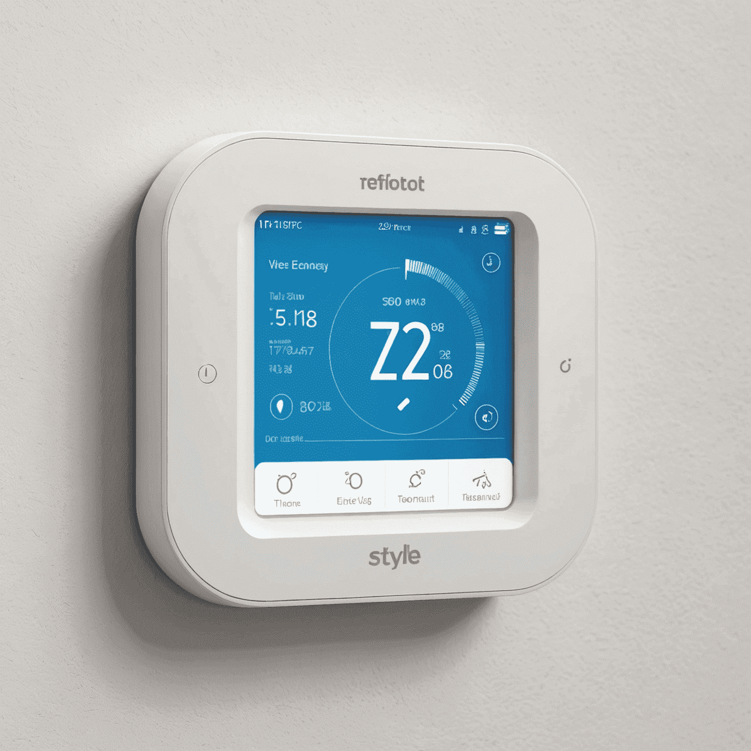 A modern smart thermostat mounted on a white wall, displaying room temperature and energy usage statistics