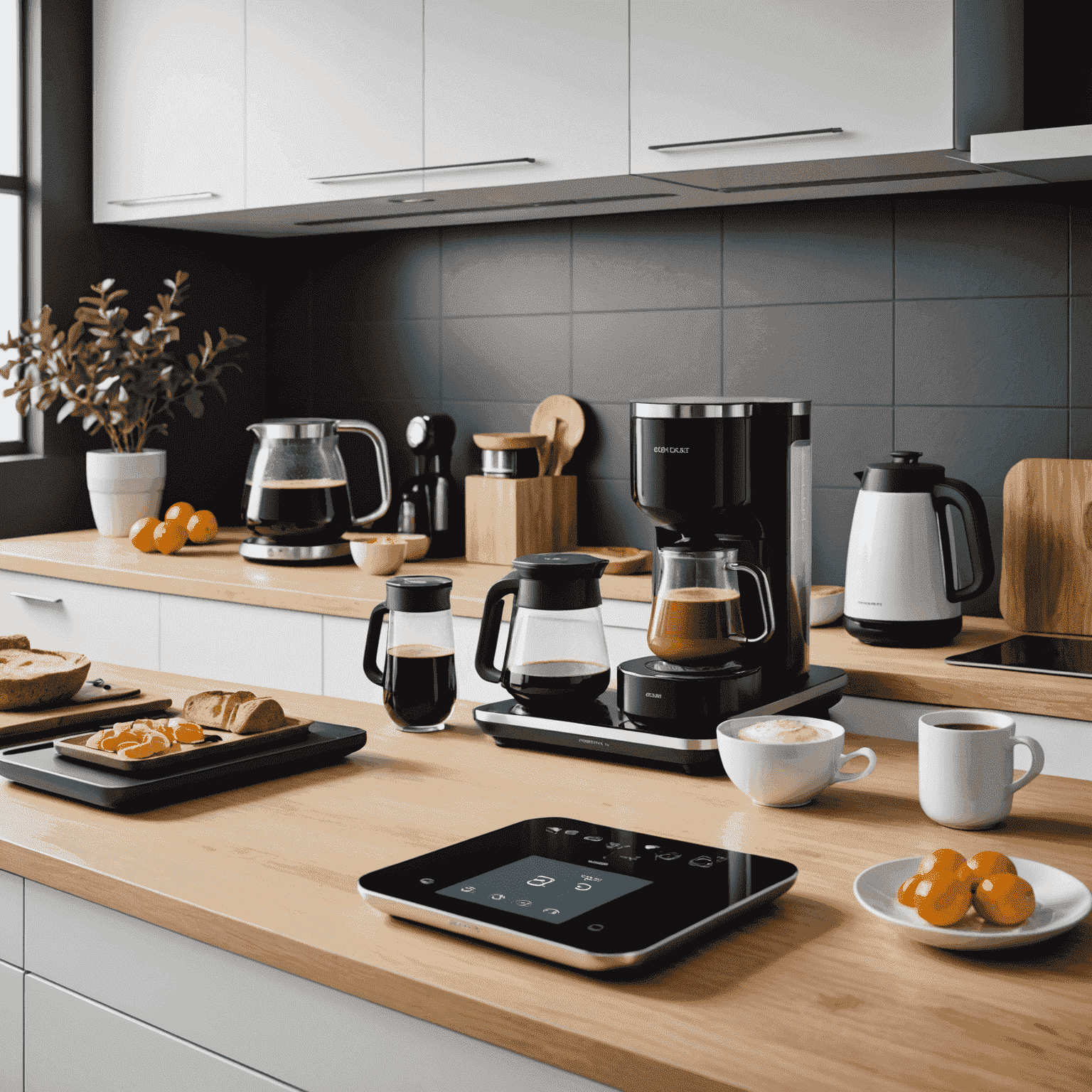 A modern kitchen with various smart gadgets on the countertop, including a smart scale, connected coffee maker, and voice-controlled assistant