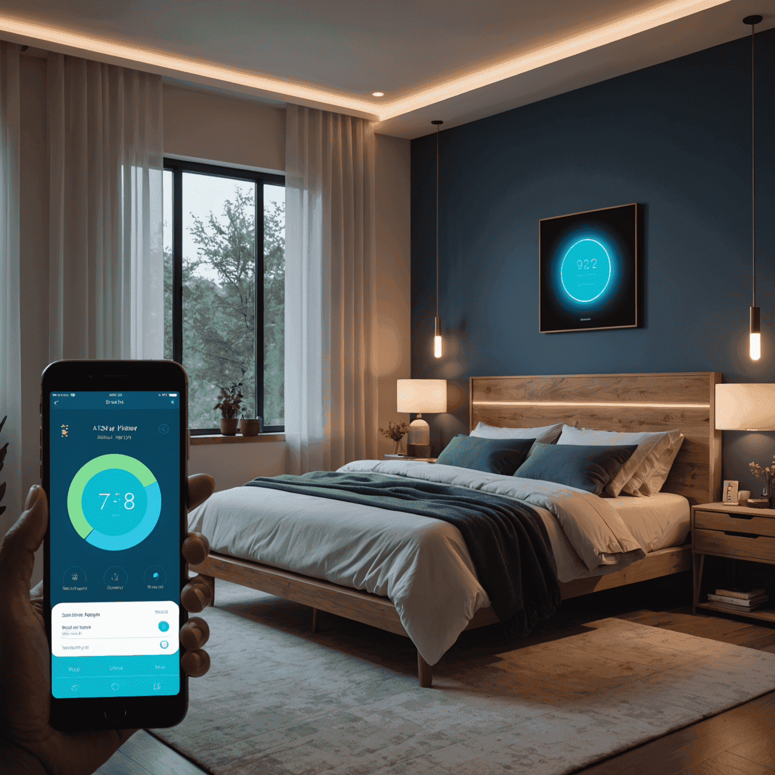 A bedroom with smart devices like a sleep tracker, smart lights, and a smartphone displaying a sleep app interface