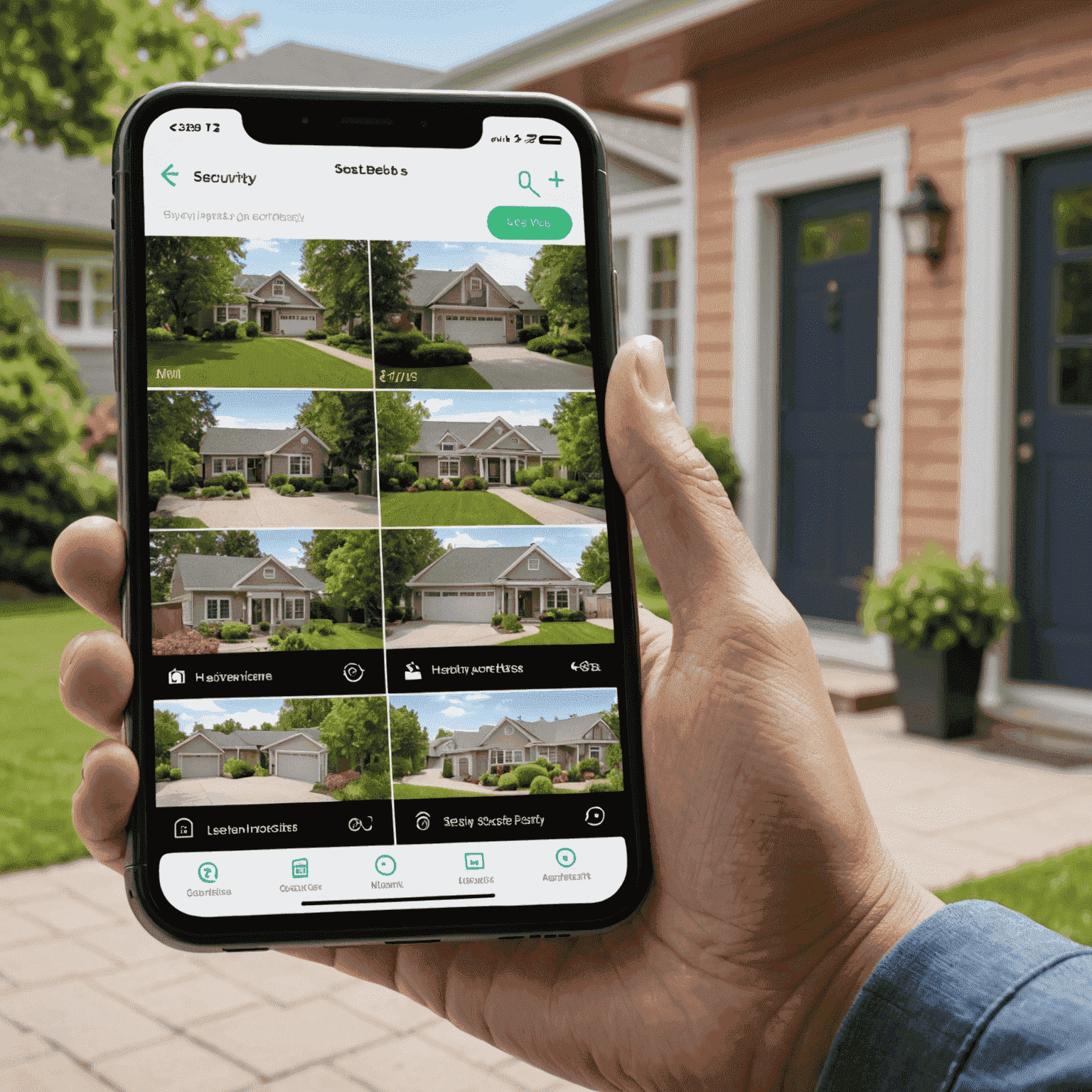 A person using a smartphone app to monitor their home security system, showing live camera feeds and system status