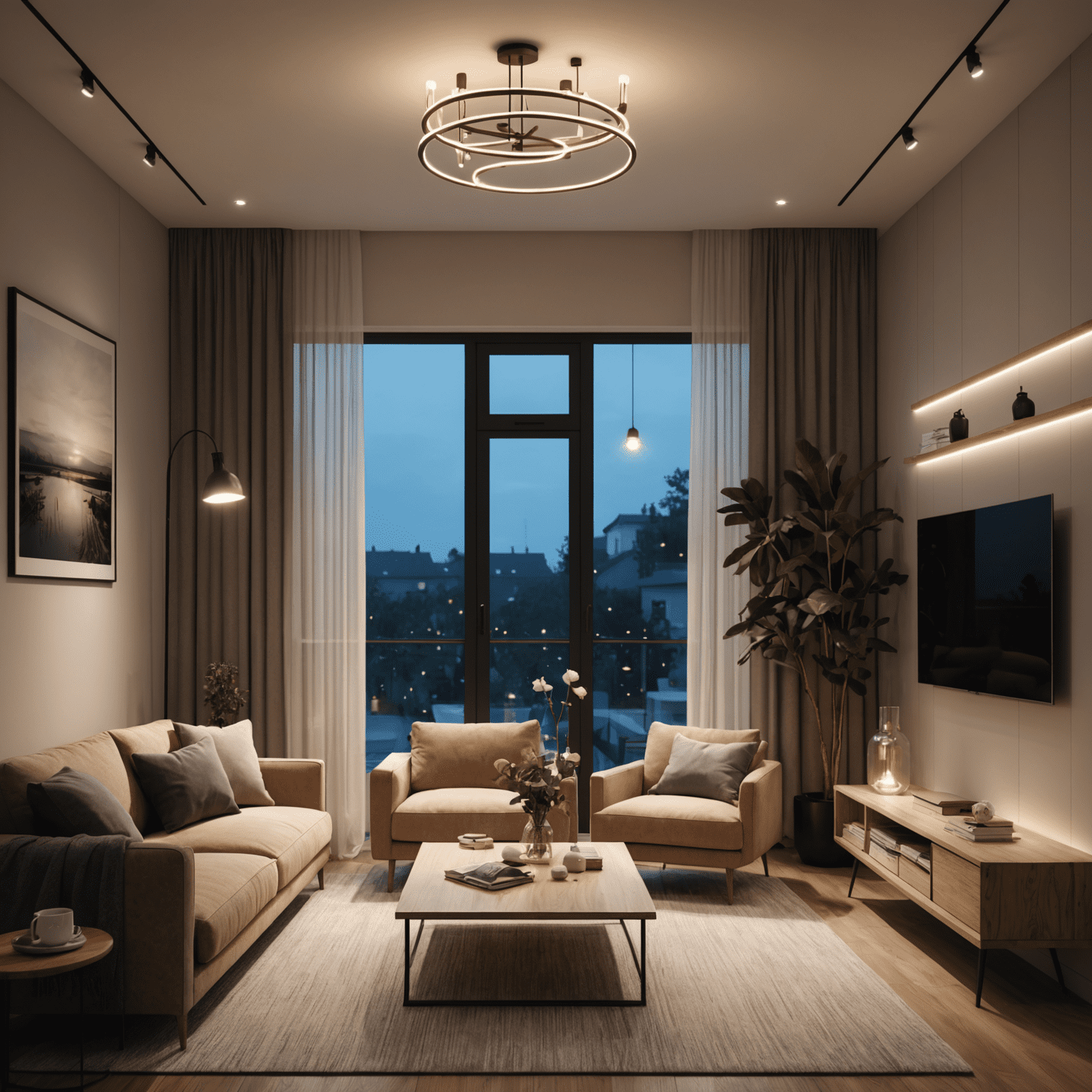 A living room with various smart light bulbs and strips creating a cozy atmosphere