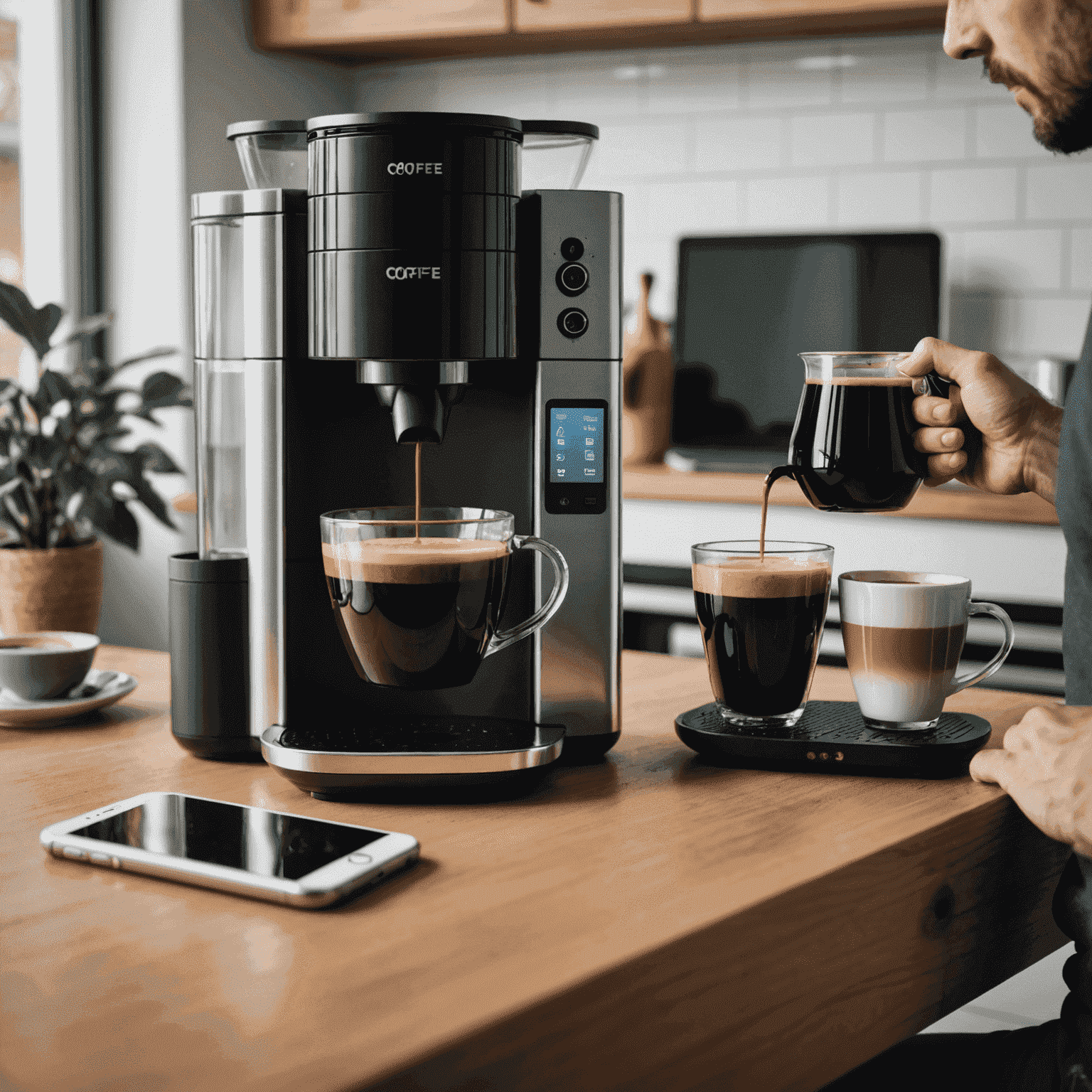 A person using a smartphone to control a smart coffee maker, with a perfectly brewed cup of coffee in the foreground