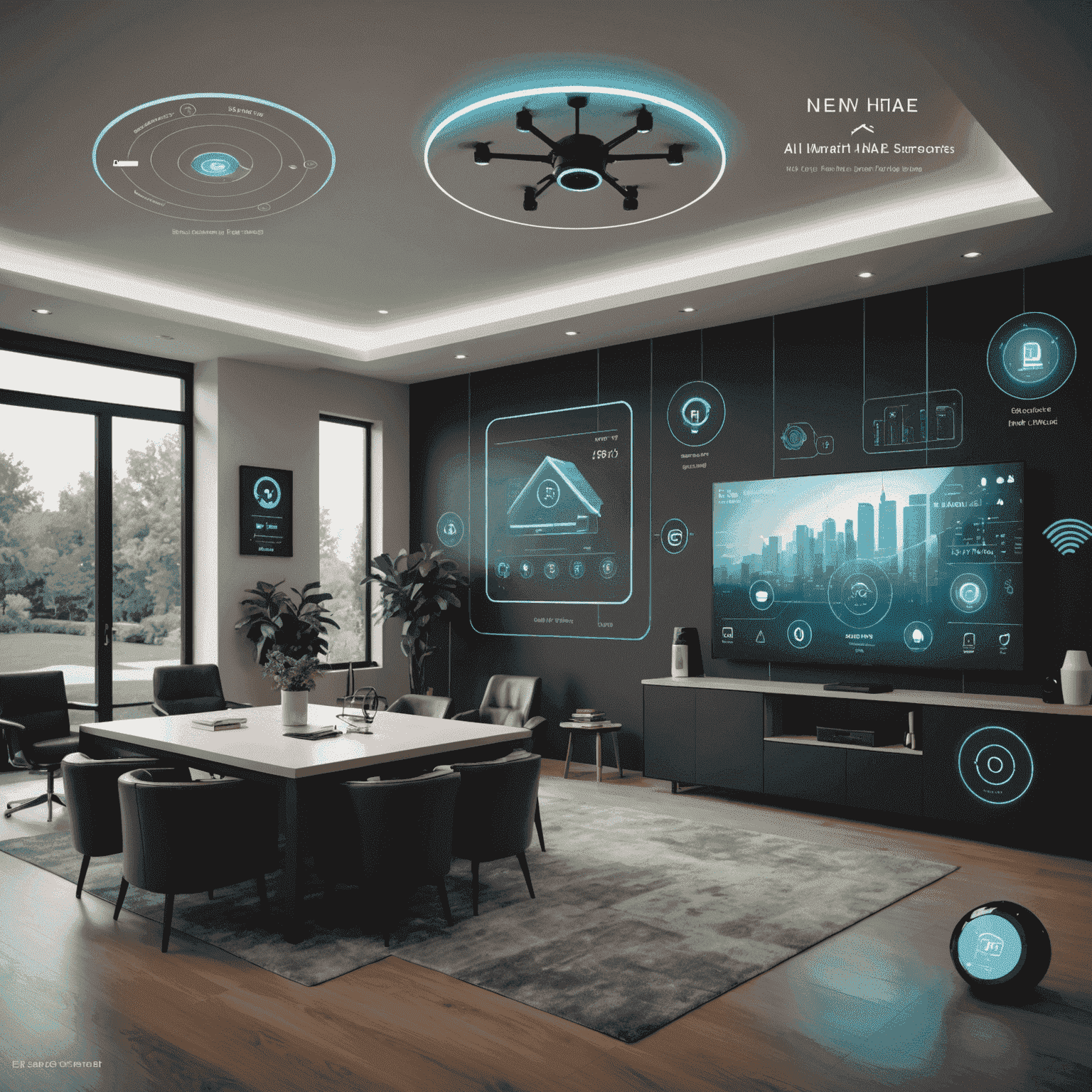 A futuristic smart home security interface showing advanced AI analytics, drone surveillance, and integrated smart home controls