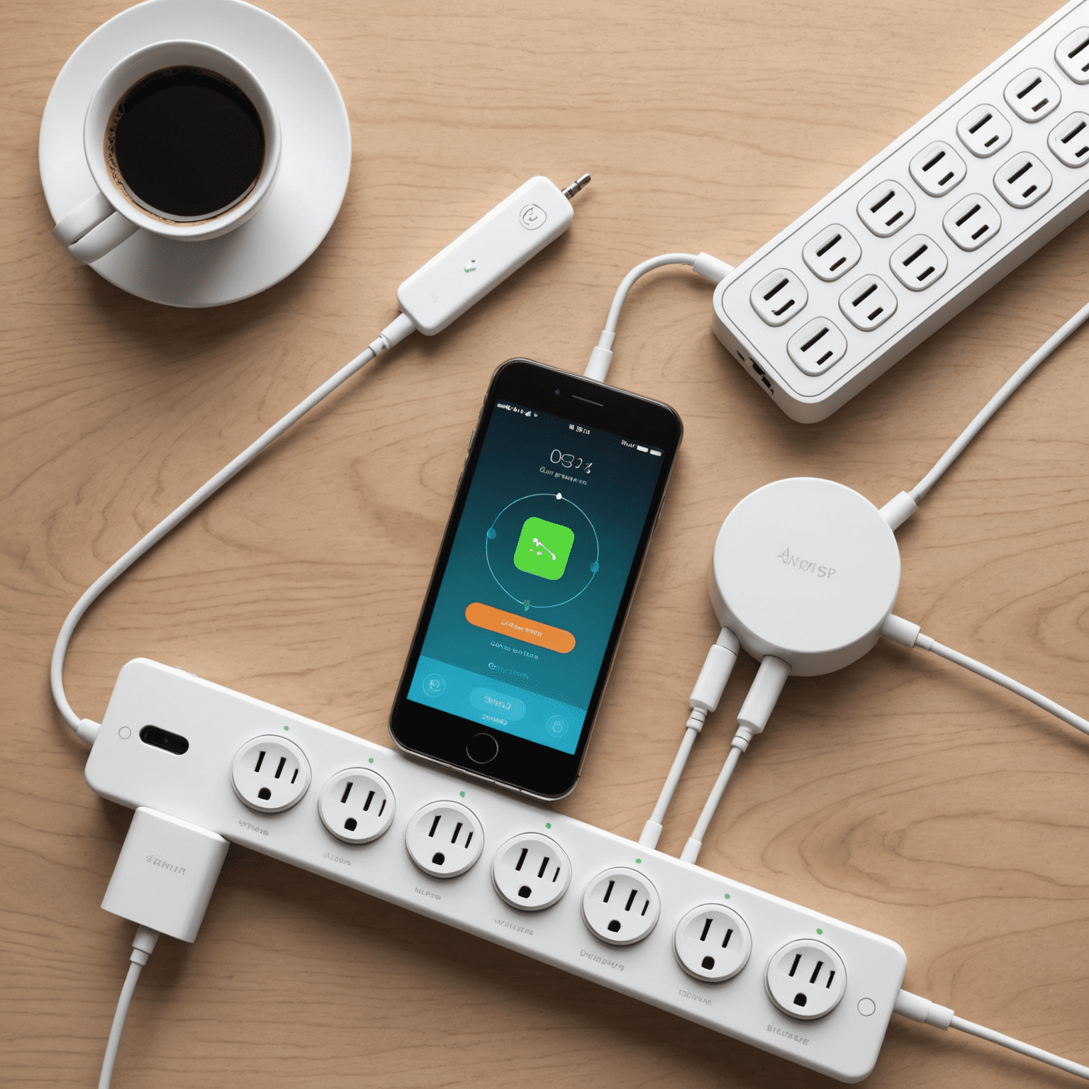 A smart power strip connected to various electronic devices, with a smartphone displaying its control app