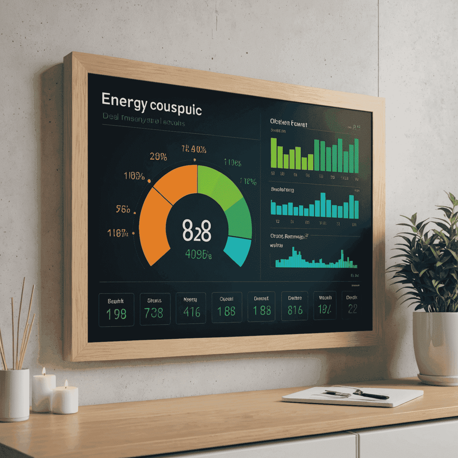 A digital display showing detailed energy consumption graphs and statistics for a household