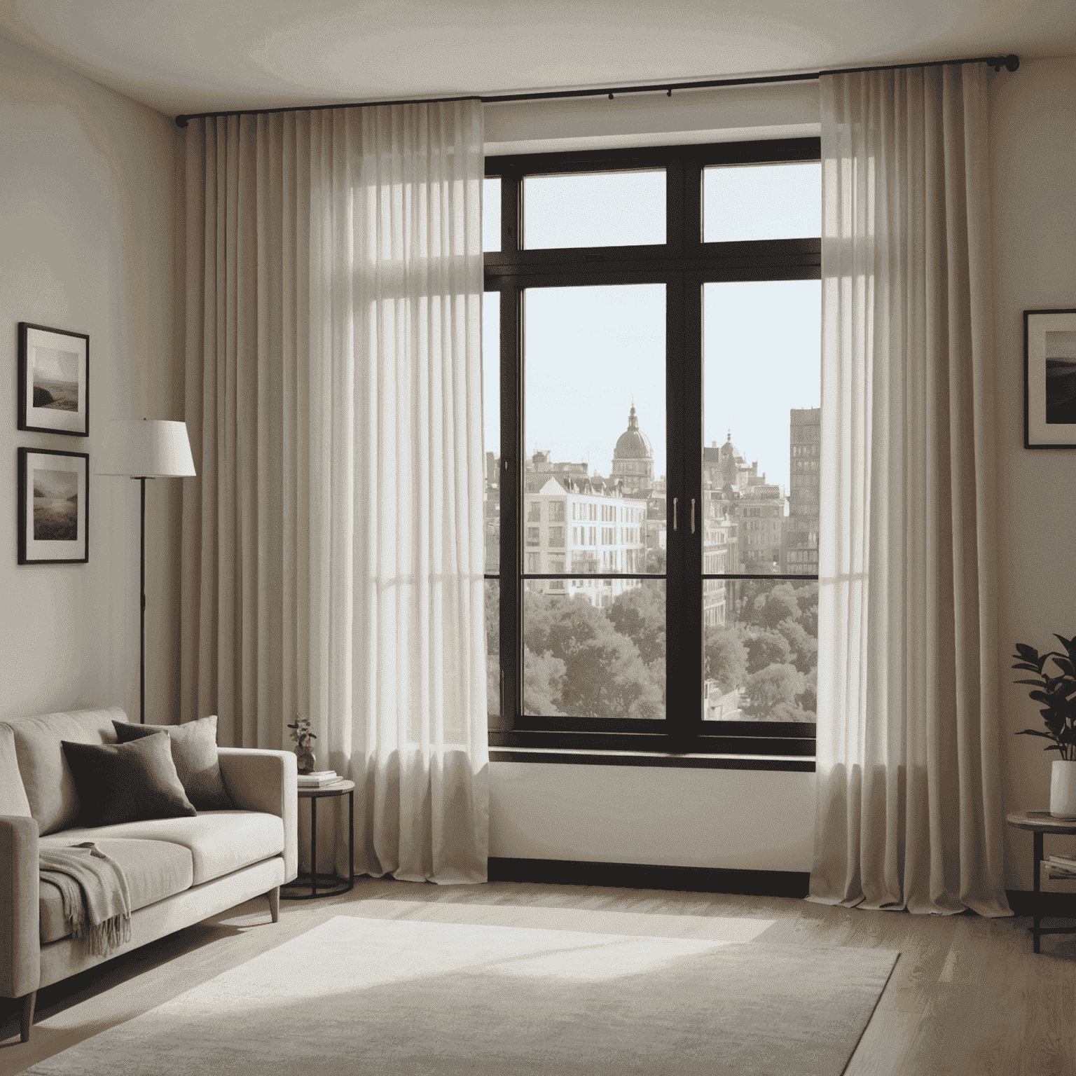 A window with smart curtains partially open, controlled by a smartphone app